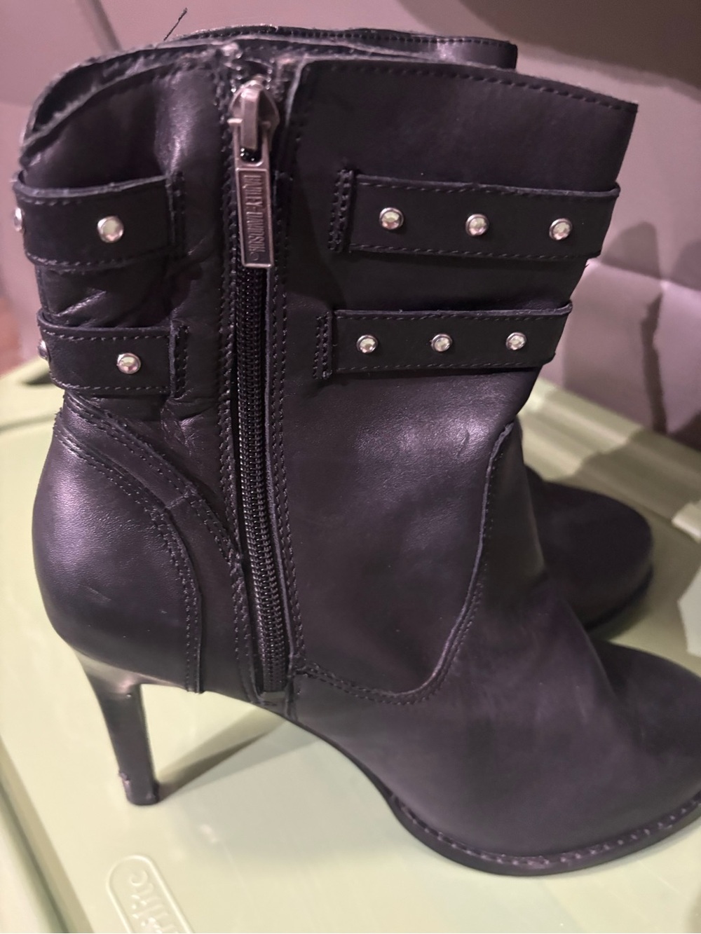 Harley-Davidson Black Studded Mid-Calf Heeled Boots with Side Zip